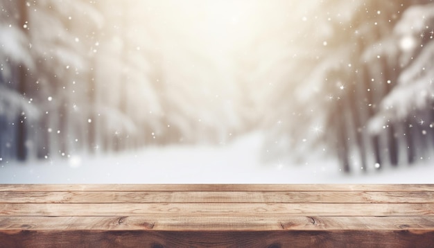 Empty Wooden table in front of winter landscape blurred background