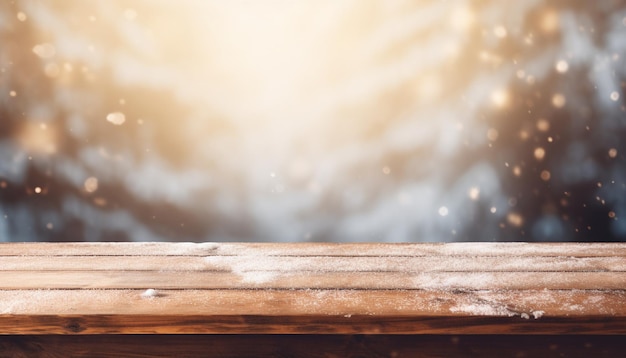 Empty Wooden table in front of winter landscape blurred background