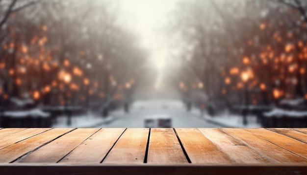 Empty Wooden table in front of winter landscape blurred background