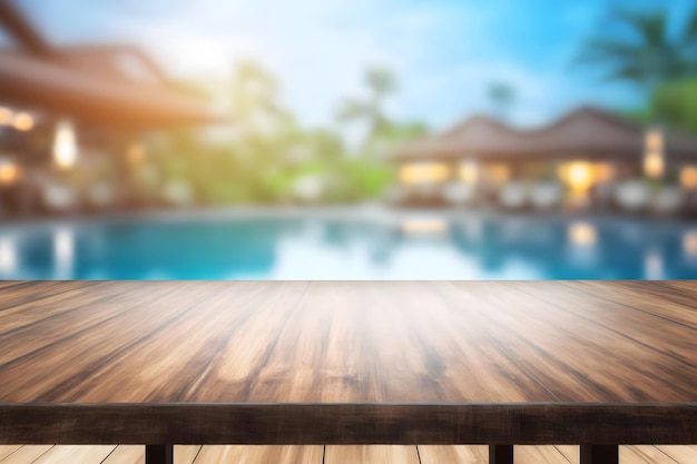 Empty wooden table in front with blurred background of swimming pool Neural network AI generated