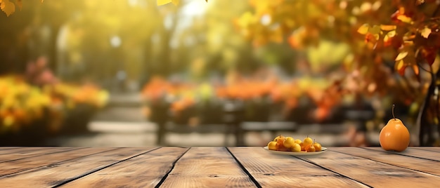 Empty Wooden table in garden of fall time