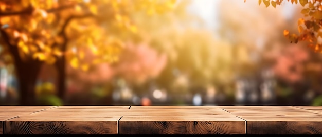 Empty Wooden table in garden of fall time