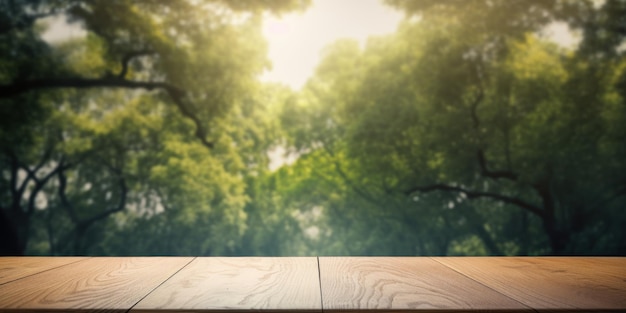 Empty wooden table on green nature background Created Generative Ai