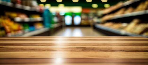 An empty wooden table in grocery store Generative AI