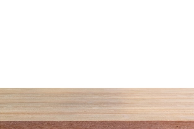 Empty wooden table on isolated white background.