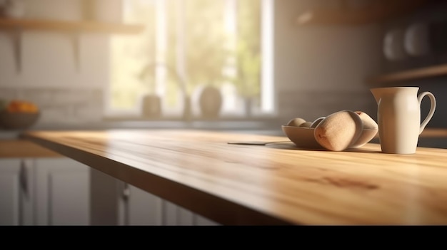 Empty wooden table on kitchen background Illustration AI Generative