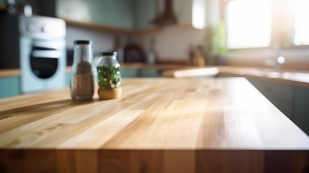 Empty wooden table on kitchen background Illustration AI Generative