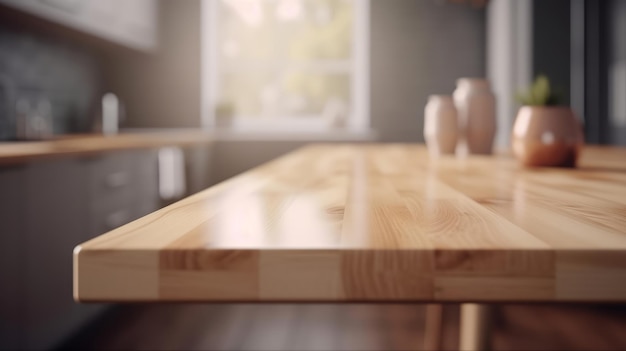 Empty wooden table on kitchen background Illustration AI Generative