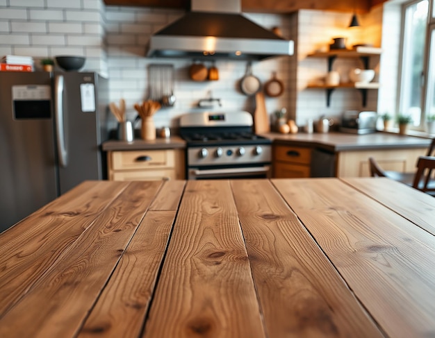 Photo empty wooden table and kitchen background