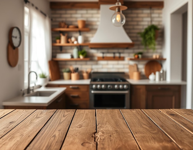 Photo empty wooden table and kitchen background