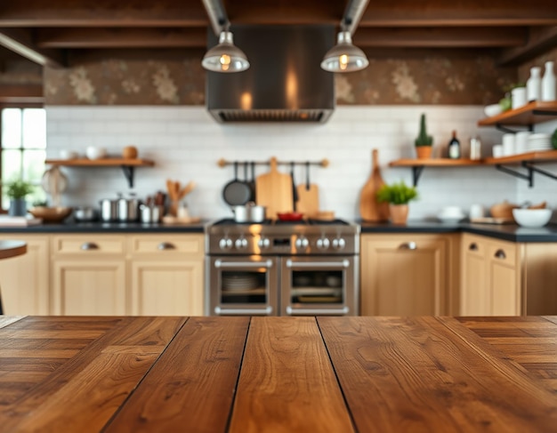 Photo empty wooden table and kitchen background