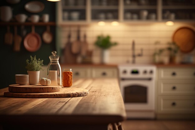 Empty wooden table on kitchen Generative AI