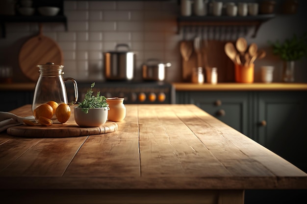 Empty wooden table on kitchen Generative AI