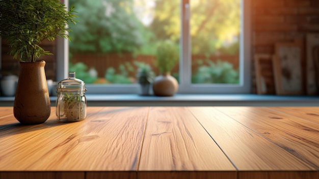 Empty wooden table in the kitchen for montage product display showcase presentation and design