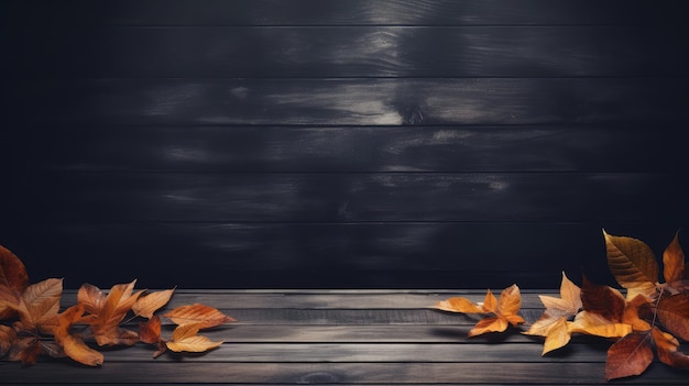 Empty wooden table and leaves