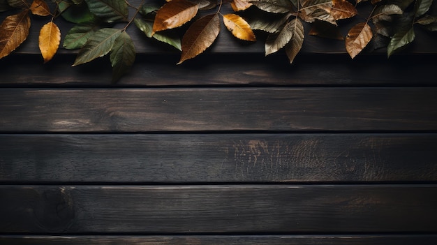 Empty wooden table and leaves