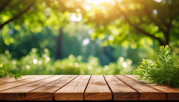 Empty wooden table Mock up for product display Green blurred nature on background