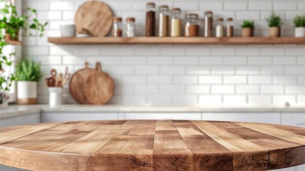 Empty Wooden Table for Mockup in Bright Kitchen Interior