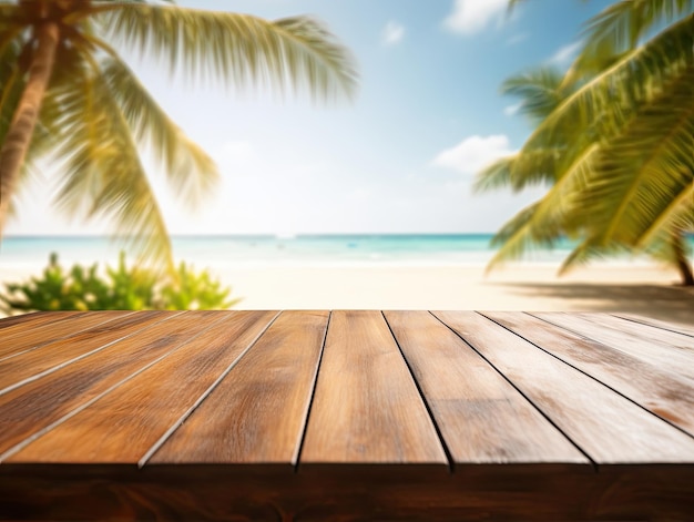 Empty wooden table in modern style for product presentation with a blurred tropical beach in the background