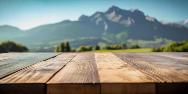 Empty wooden table on mountain background Desk of free space for product display Generative Ai