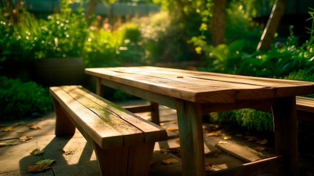 Empty wooden table in natural green garden outdoor Product placement with sunday light Generative AI