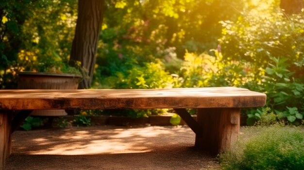 Empty wooden table in natural green garden outdoor Product placement with sunday light Generative AI