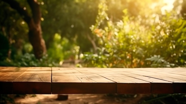 Empty wooden table in natural green garden outdoor Product placement with sunday light Generative AI