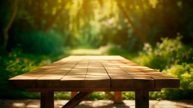 Empty wooden table in natural green garden outdoor Product placement with sunday light Generative AI