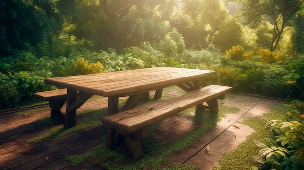 Empty wooden table in natural green garden outdoor Product placement with sunday light Generative AI