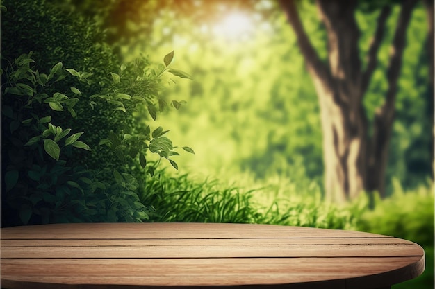 Empty wooden table in natural green garden outdoor