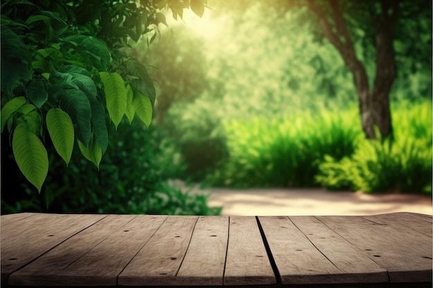 Empty wooden table in natural green garden outdoor