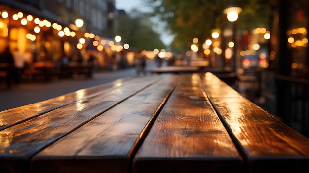 Empty wooden table outdoors On a blurred background cafes and restaurants