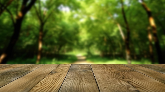 empty wooden table outdoors green park nature background product display template