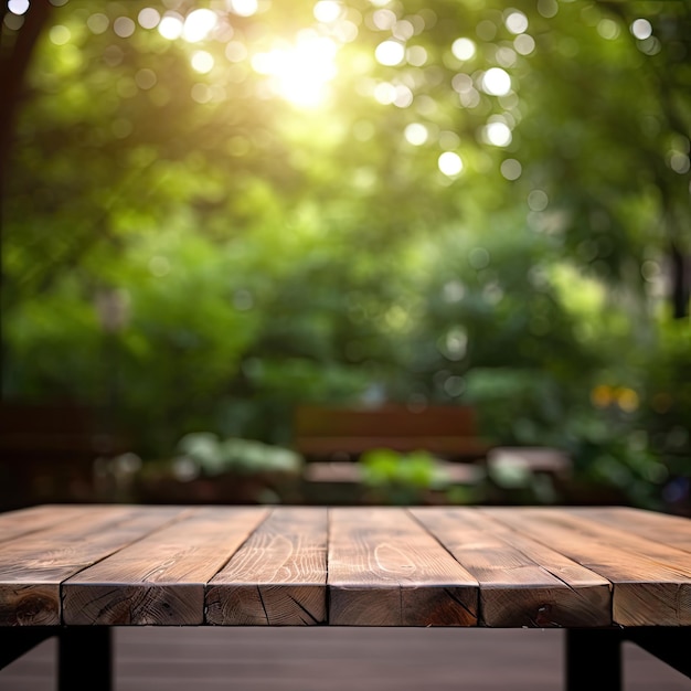 Empty wooden table and park garden blur background with bokeh image High quality photo