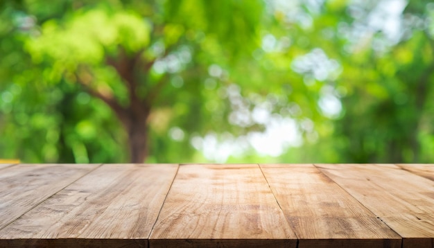 Empty Wooden table for placing products on nature green background generative ai