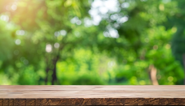 Empty Wooden table for placing products on nature green background generative ai