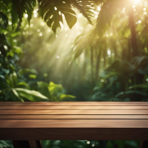 An Empty Wooden Table Product Display Podium Illuminated by Sunlight with jungle background