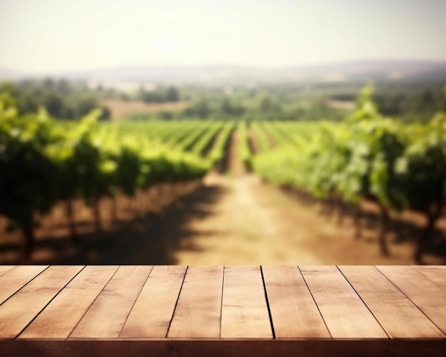 Empty wooden table for product display vineyard background