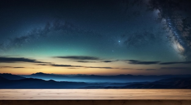 Empty wooden table for product display with a background of the sky at night