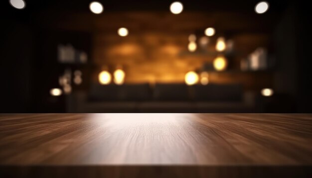 Empty wooden table for product display with blurred dark living room background Genrative AI