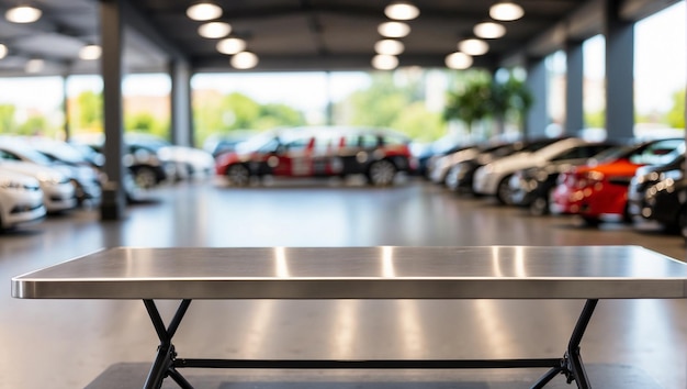 Empty wooden table for product display with blurry car background