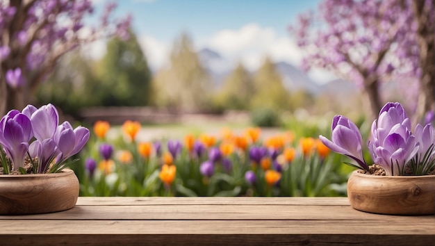 Empty wooden table for product display with Crocus garden background