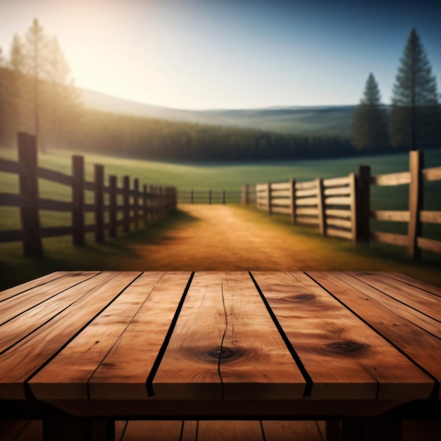 Empty wooden table for product display with field background ai generative