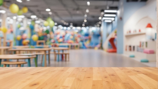 empty wooden table for product display with indoor playground background