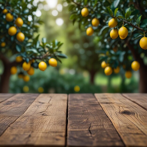 Photo empty wooden table for product display with lemon trees blurred background and a few lemons