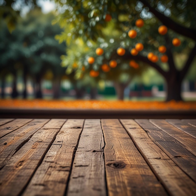 Empty wooden table for product display with orange trees blurred background and a few oranges