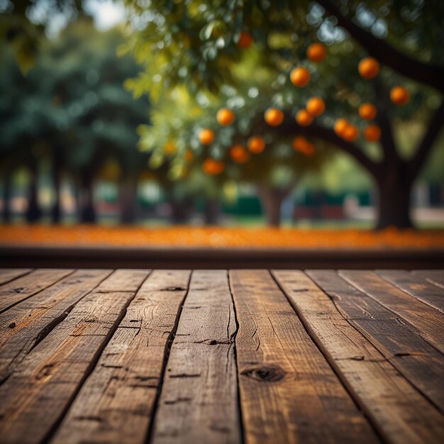 Photo empty wooden table for product display with orange trees blurred background and a few oranges