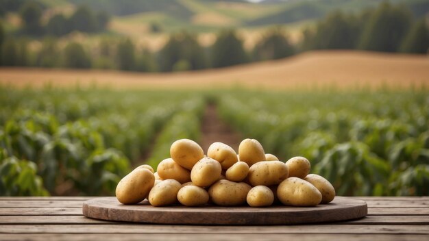 Photo empty wooden table for product display with potato field background