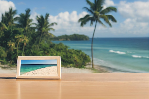 Empty wooden table for product display with view of tropical beach background