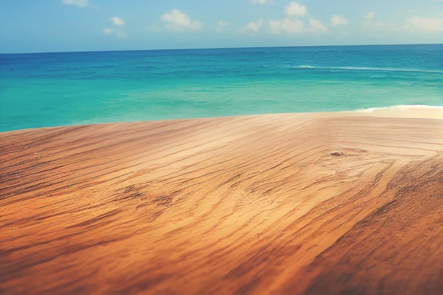 Empty wooden table for product display with view of tropical beach background